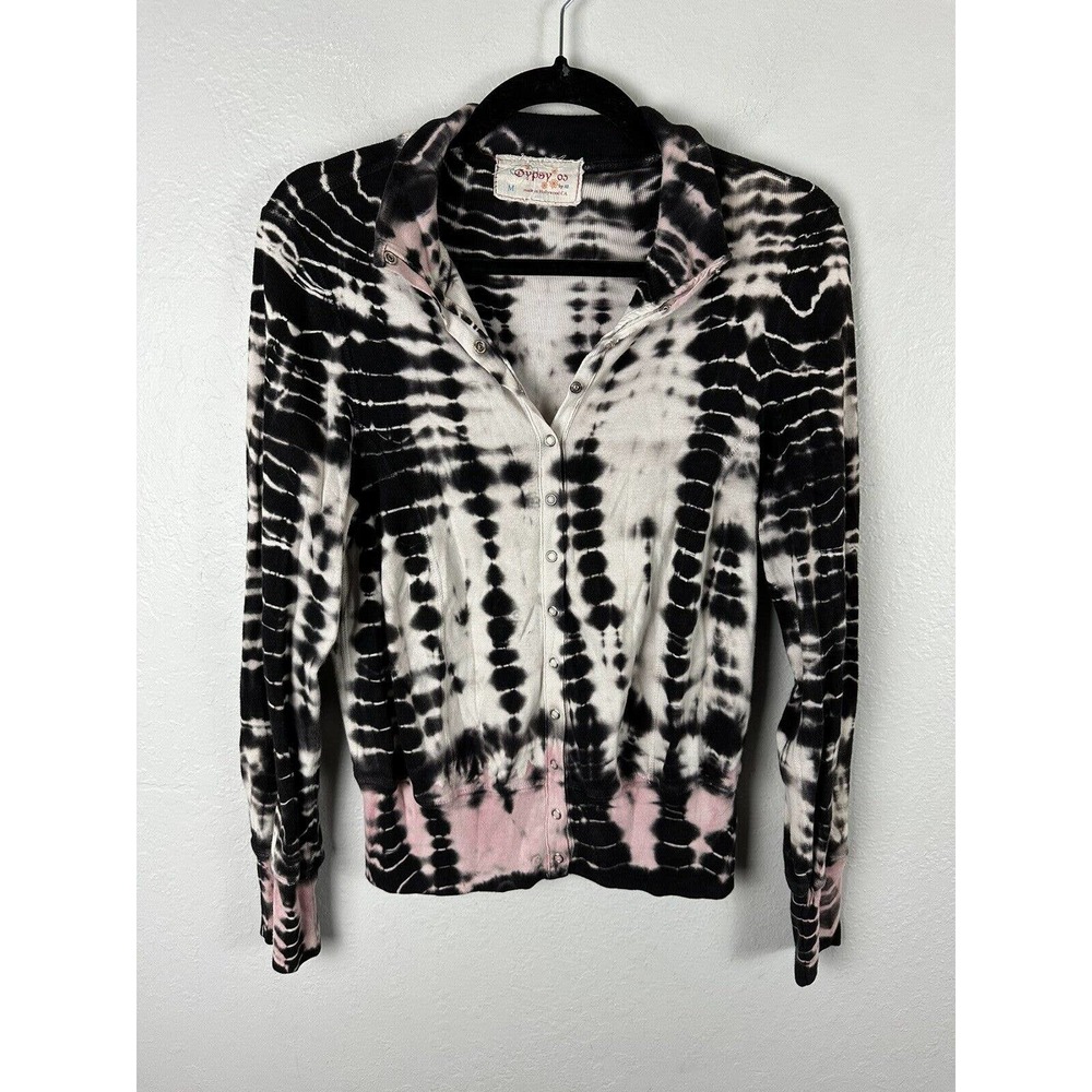 Gypsy 05 Ribbed Tie Dye Print Snap Button Down Casual Cardigan Gray Size MEDIUM